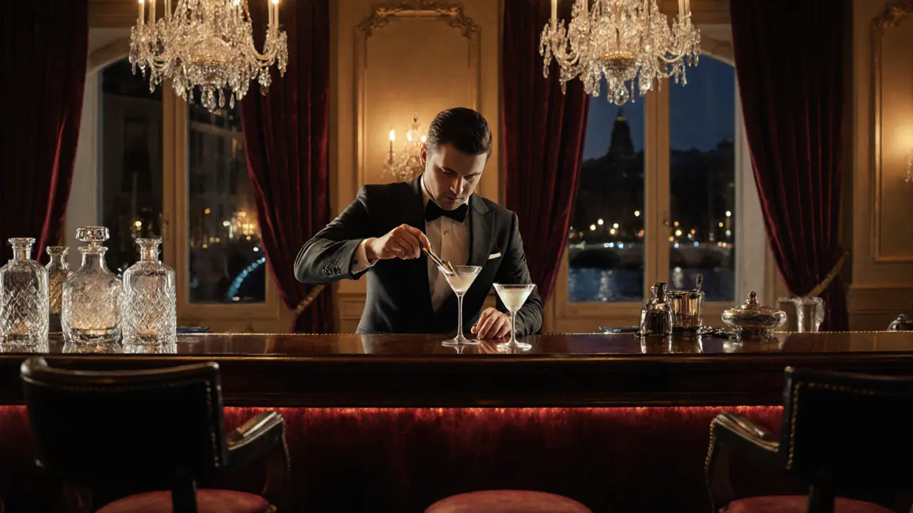 Elegant bar interior with a bartender stirring a martini, velvet drapes, and crystal decanters under warm amber lights.