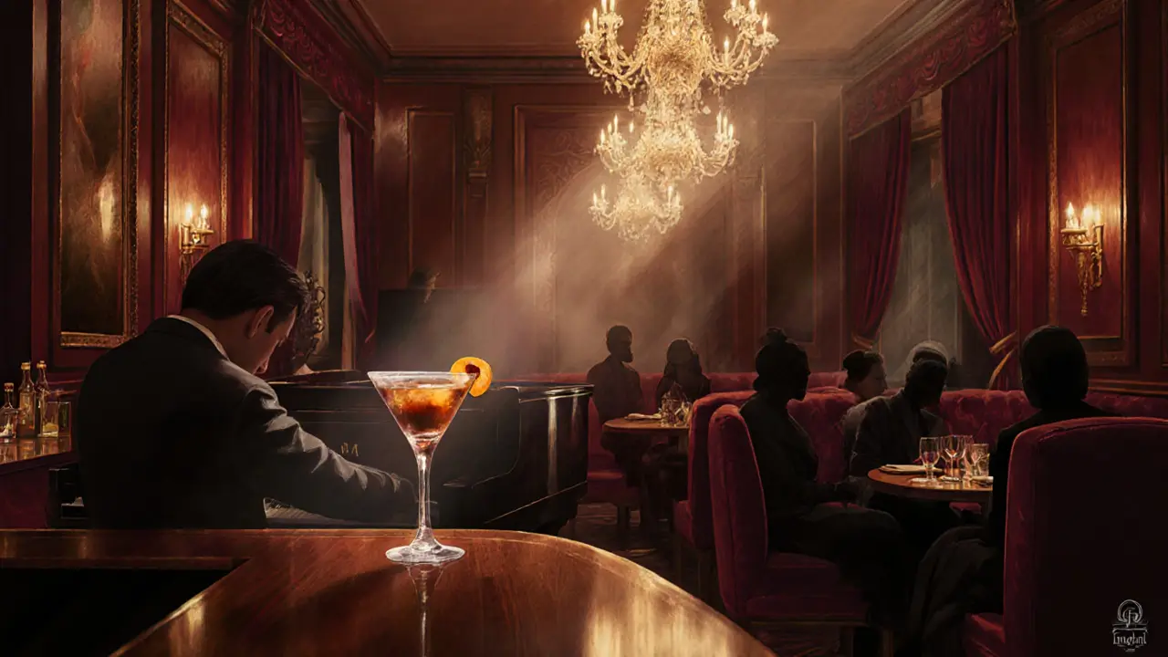 Elegant patrons in a 1930s jazz lounge at The Piano Bar, soft lighting on a grand piano and classic cocktails.