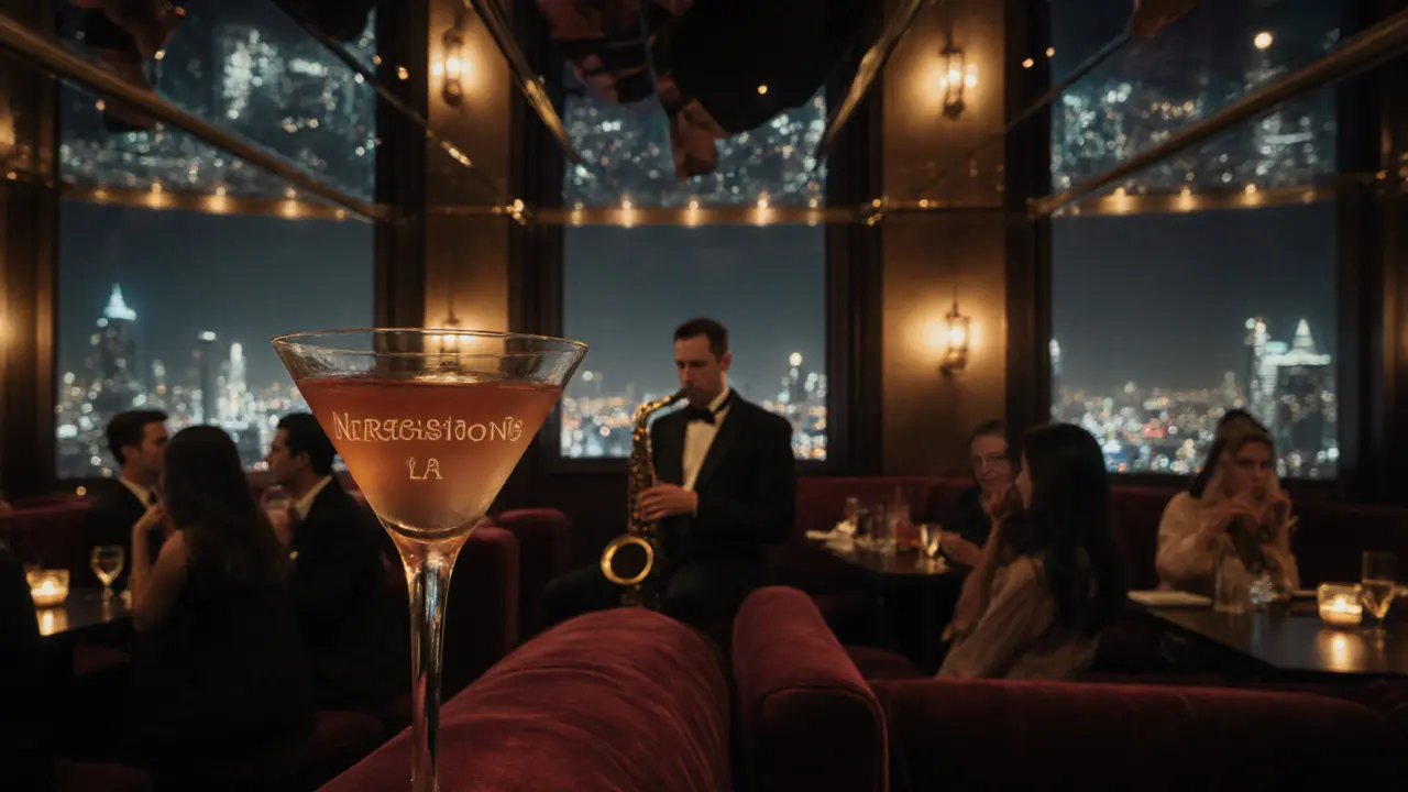 Elegant rooftop lounge with live saxophone and city skyline at night in Abu Dhabi.