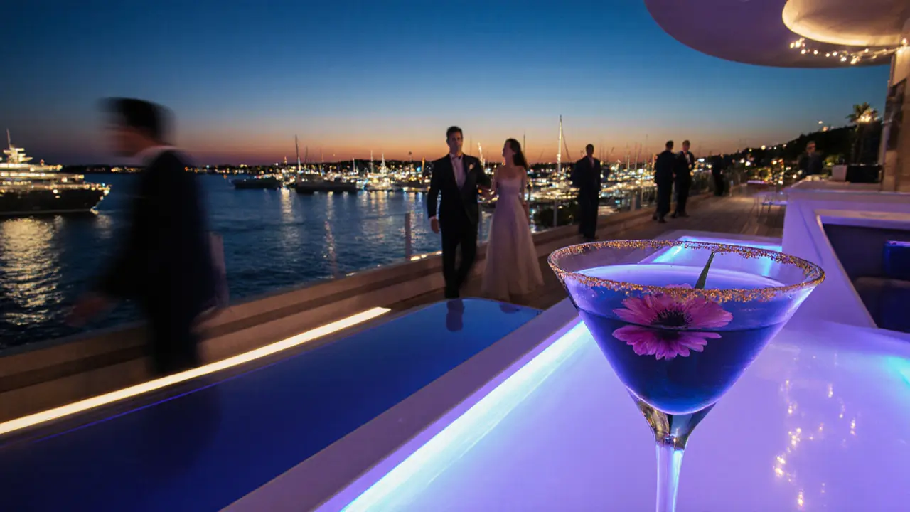 Elegant terrace overlooking illuminated yachts, a golden-rimmed cocktail glowing in twilight.