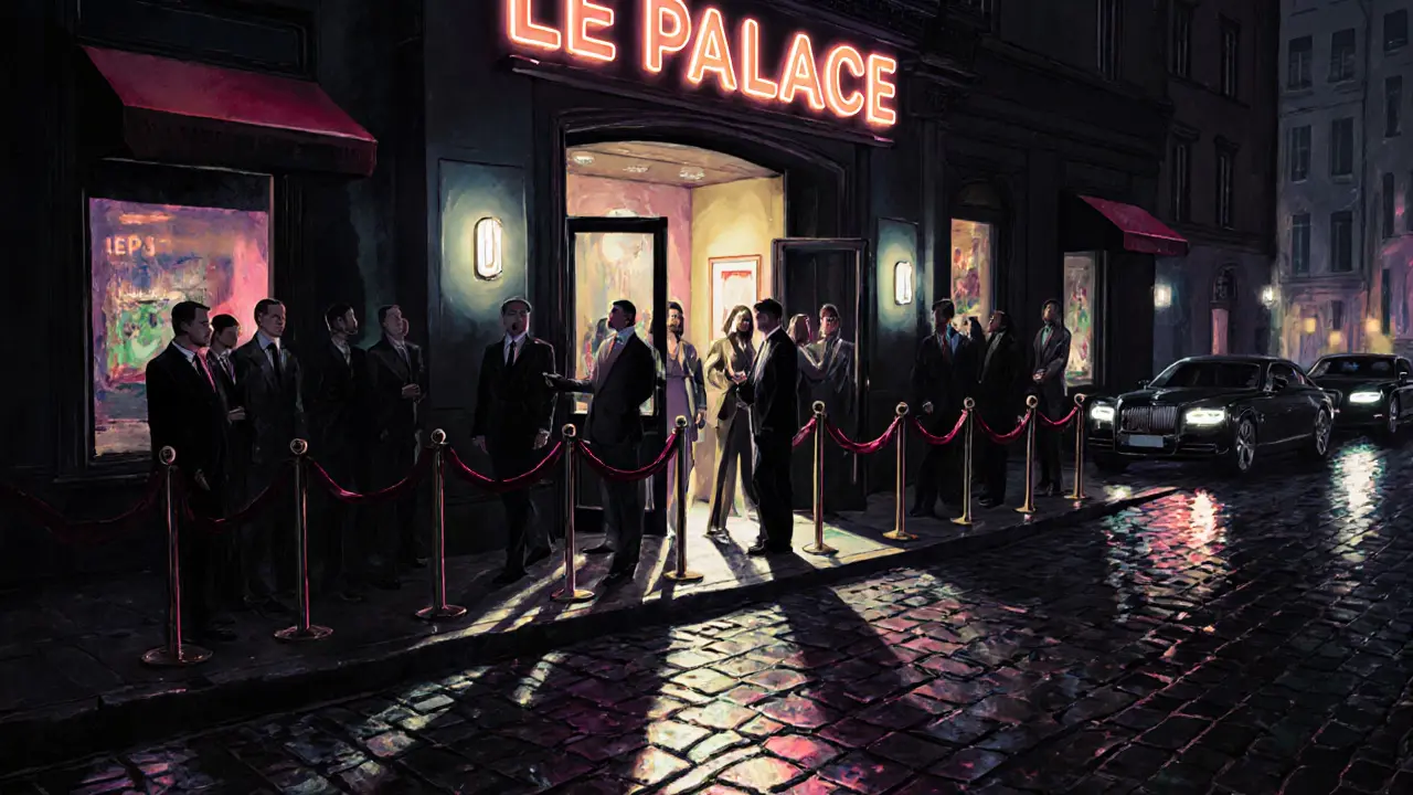 Impeccably dressed guests waiting to enter Le Palace nightclub at night.