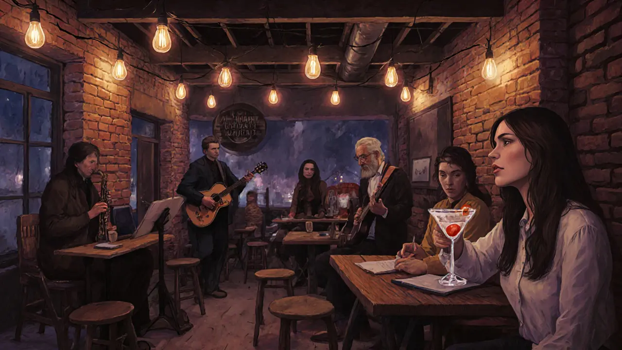 Intimate jazz venue with string lights and patrons enjoying live music in a cozy, artsy setting.