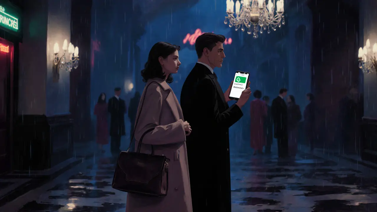 Man and woman meeting in a luxury hotel lobby, tension in the air, no faces shown, WhatsApp confirmation visible.