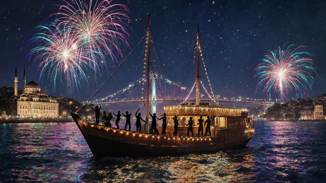 Nighttime boat party on the Bosphorus with fireworks and illuminated palaces in the background.