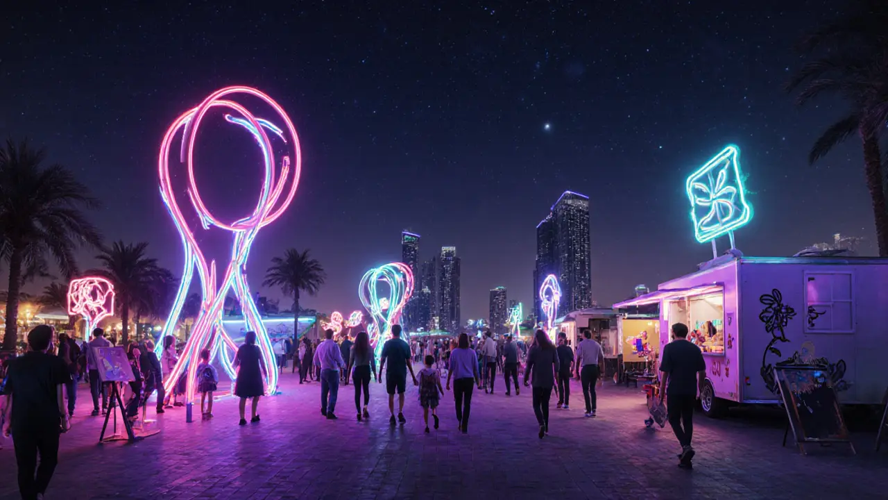 Nighttime cultural festival with glowing art installations and people walking among neon sculptures.