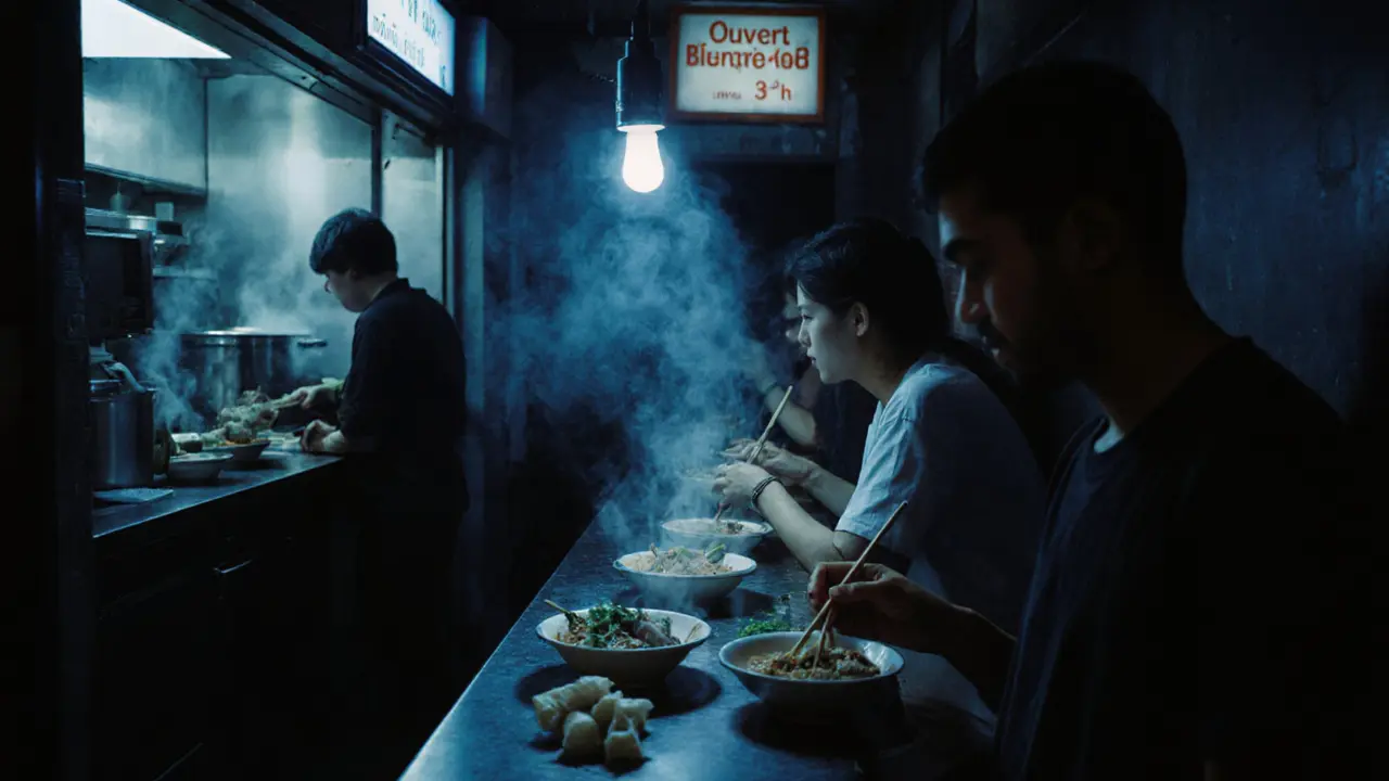 Patrons enjoying steaming pho at a quiet Vietnamese-French eatery after midnight.