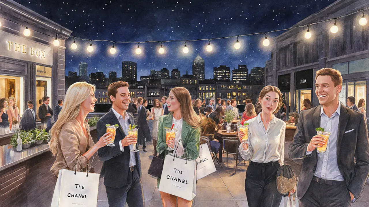 People on a rooftop bar in Westfield London laughing with shopping bags, cocktails in hand under string lights at night.