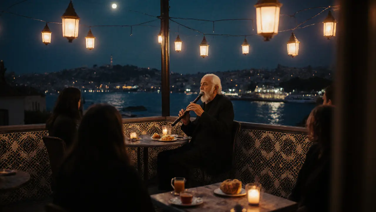 Quiet rooftop garden at night with people drinking tea, playing ney flute, and overlooking the Bosphorus.