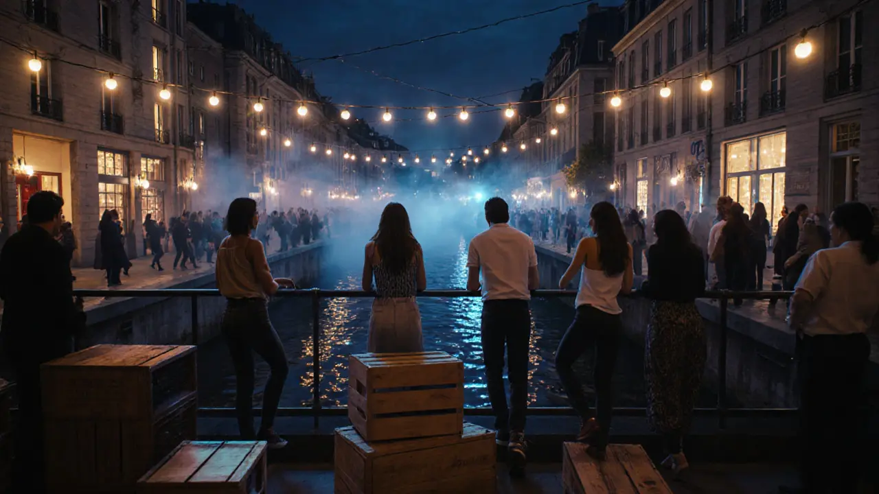 Rooftop view over Canal Saint-Martin at night with string lights, dancing silhouettes below, and glowing city windows.