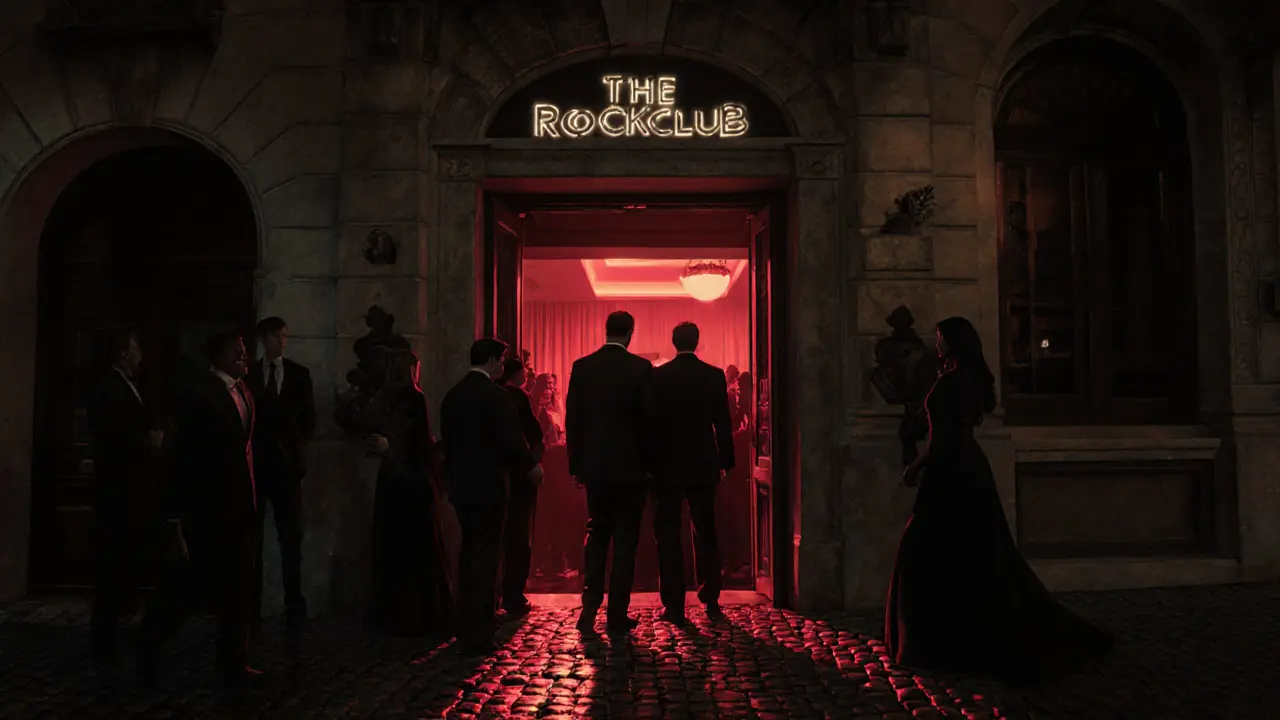 Secret nightclub entrance beneath Monte Carlo Casino with shadowy guests and faint red lighting.