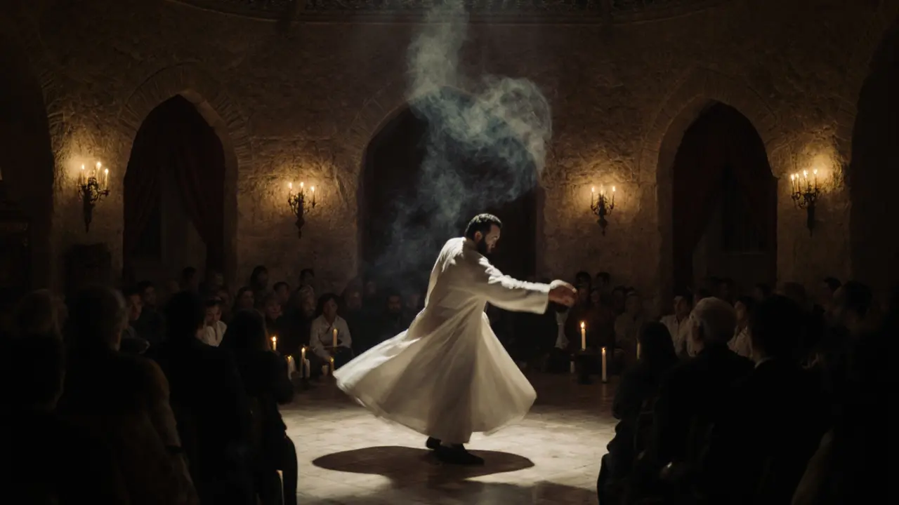 Sufi dervishes spinning in candlelit lodge during a spiritual ceremony in Istanbul.