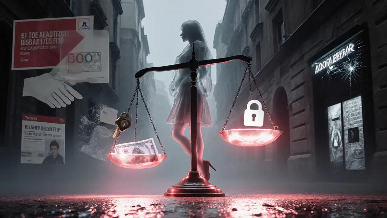 Surreal scale balancing legal companionship against illegal risks, with symbolic elements of digital scams and police enforcement.