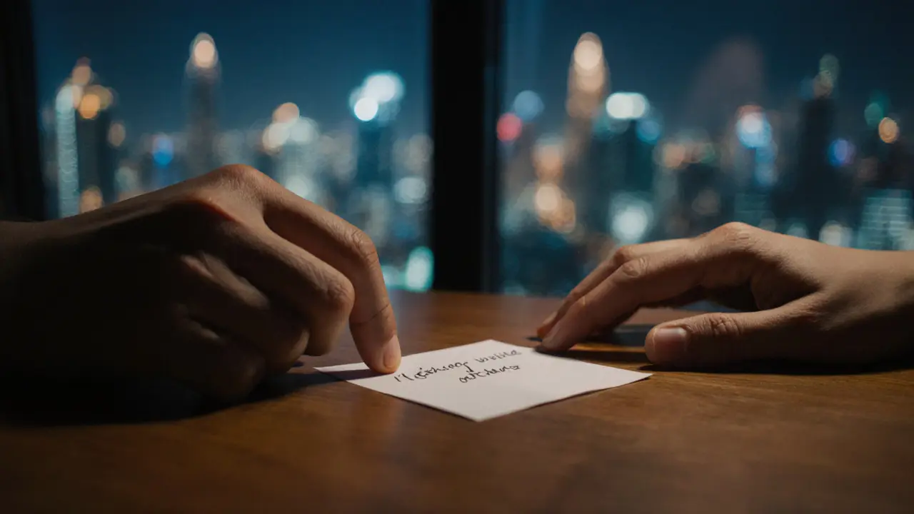 Two hands near a handwritten note and Dubai’s skyline at night, conveying quiet connection without words.