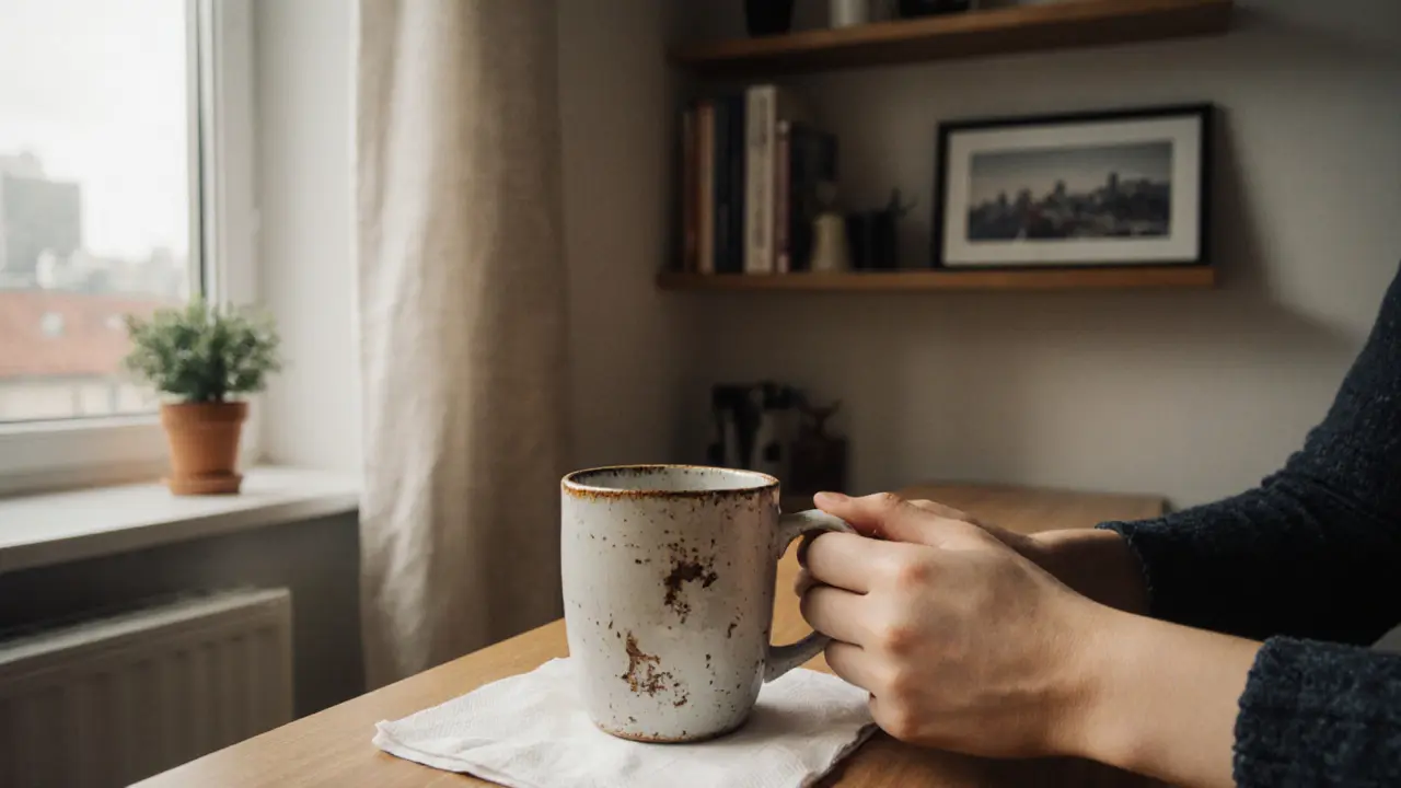 Two hands on a kitchen counter: one holding a coffee mug, the other placing a napkin, with books and a plant in the background.