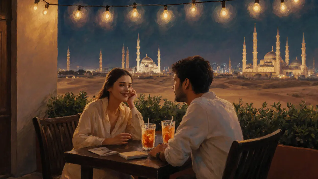 Two individuals enjoying drinks on a hidden rooftop bar, gazing at Abu Dhabi’s skyline under soft lights.