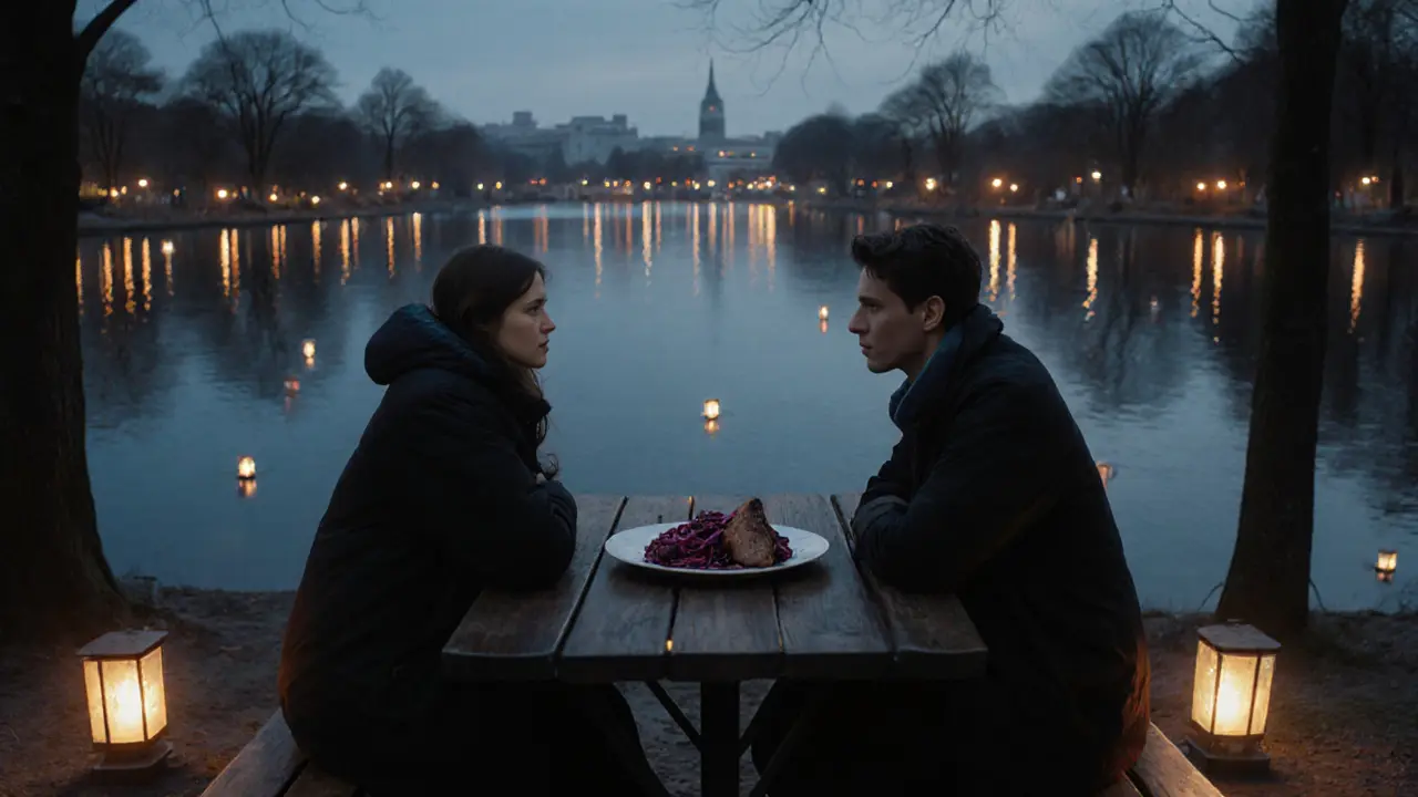 Two people sit by a lakeside at dusk, surrounded by floating lanterns and serene darkness.