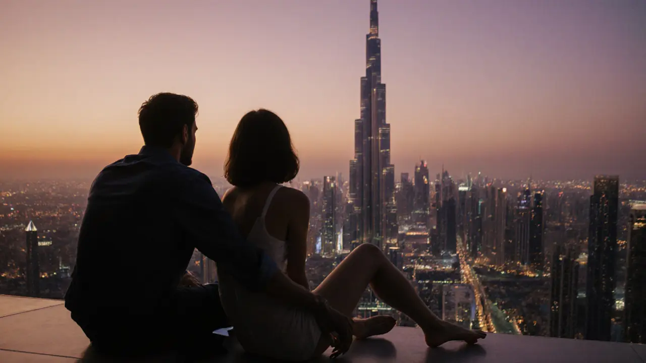 Two people sit silently on a Dubai balcony at sunset, the Burj Khalifa glowing behind them, relaxed and present.