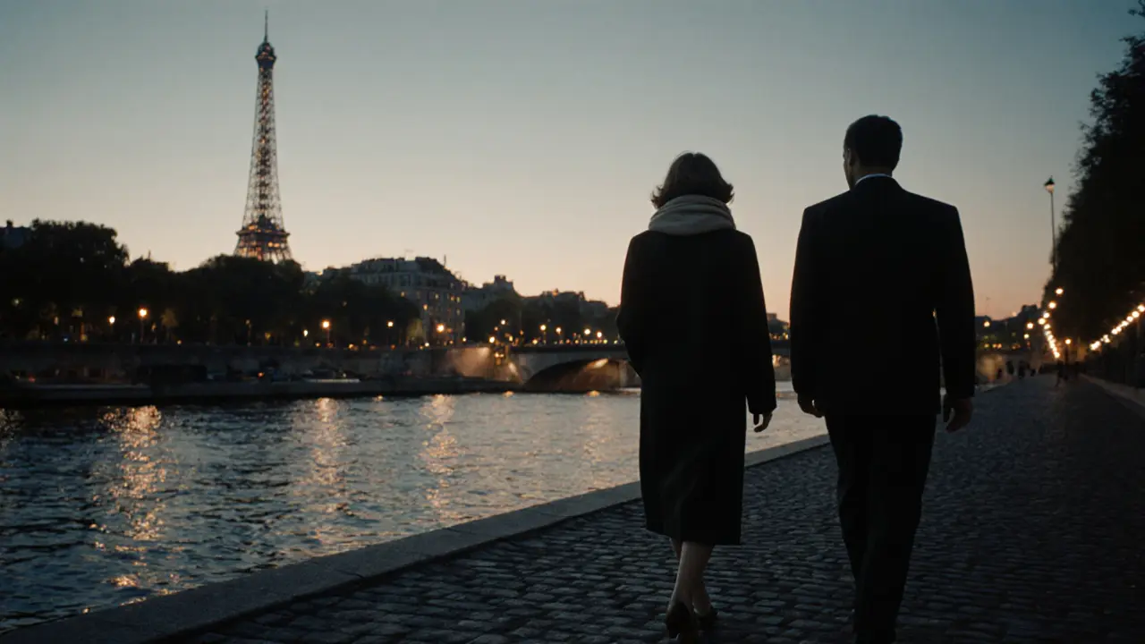 Two people walking peacefully along the Seine at dusk, city lights glowing softly on the water.