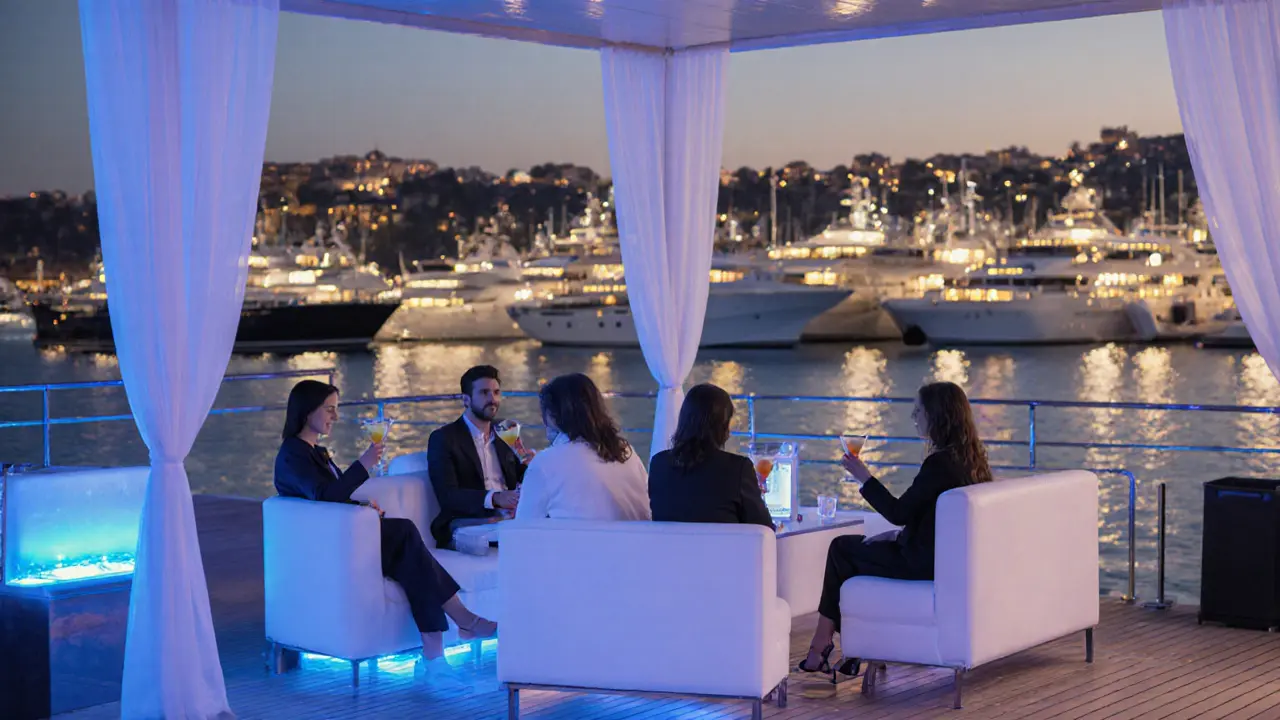 Yachts and lounge patrons at Port Hercules with soft twilight lighting and ocean views.