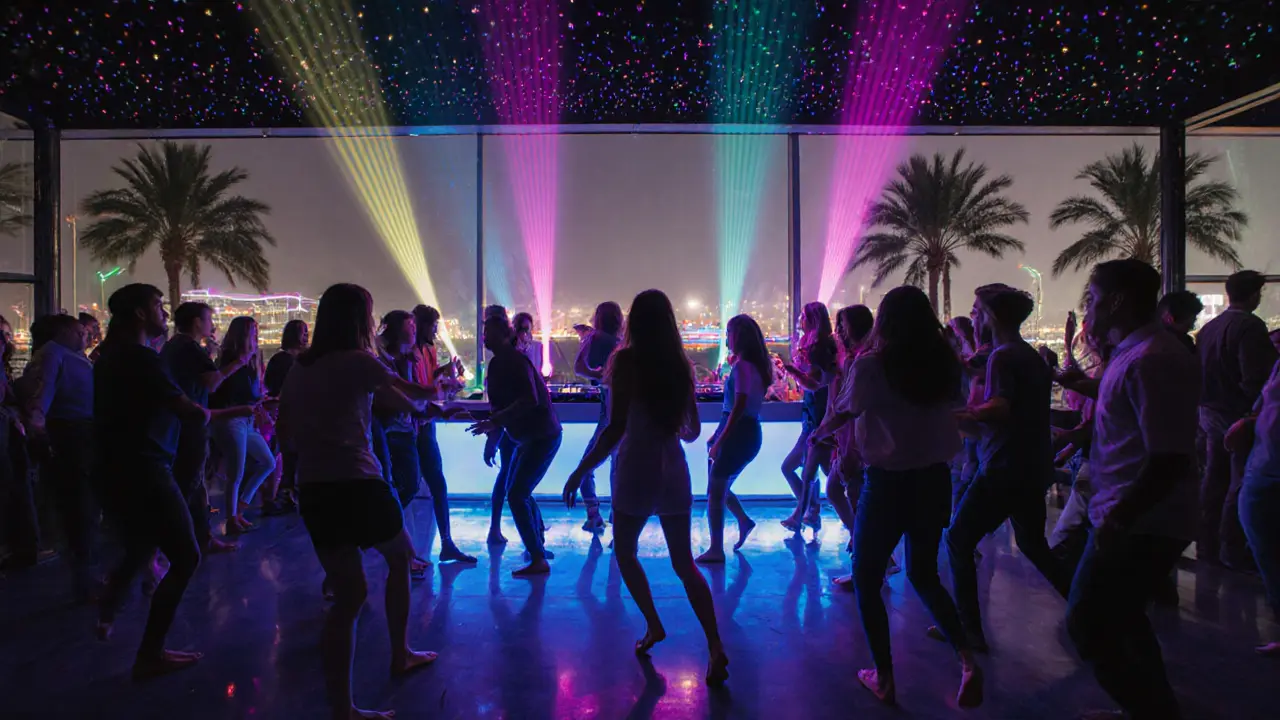 Young crowd dancing under neon lights at a beachside club with palm trees and city lights in the background.