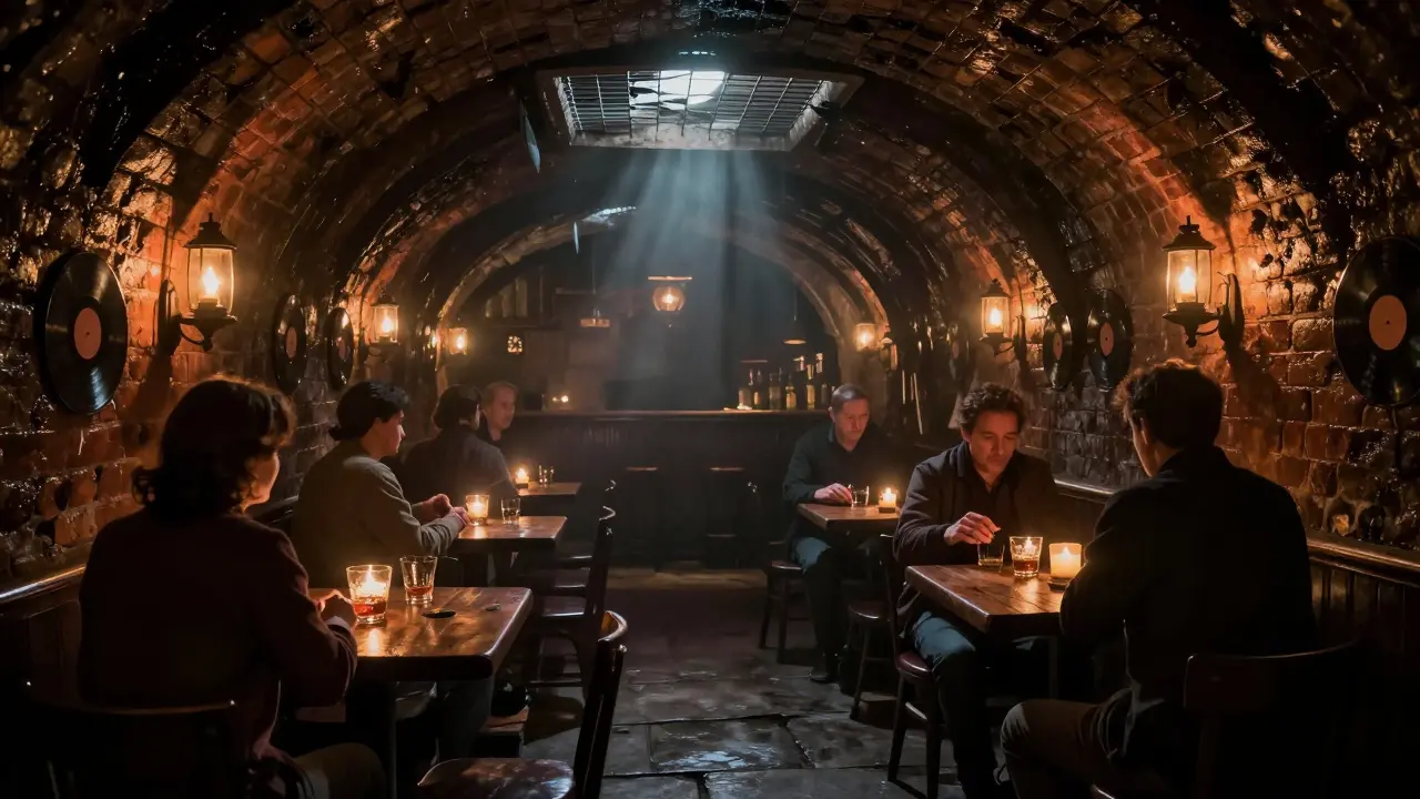 A candlelit underground bar carved from ancient brick sewer tunnels, patrons drinking whiskey in quiet contemplation.