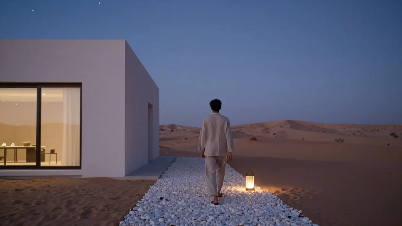 A companion and client walk silently through a desert villa at dusk under a starlit sky.