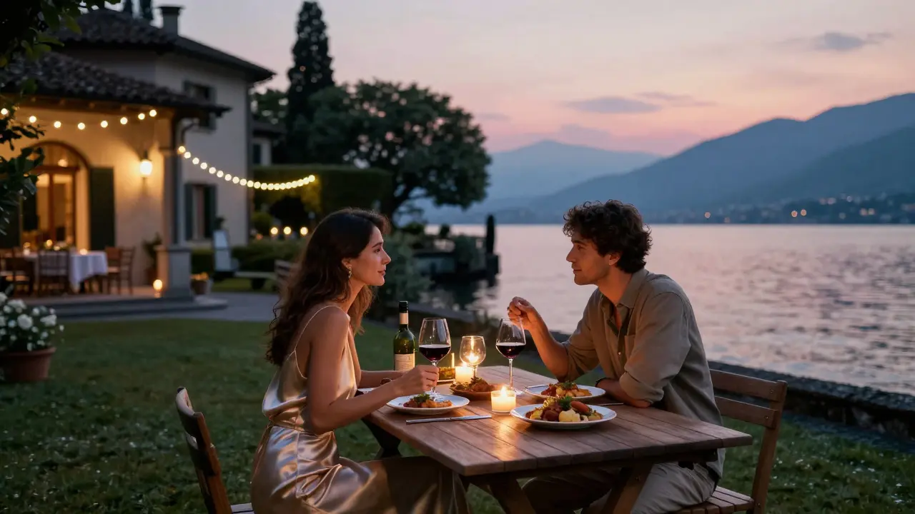 A couple dining at a lakeside villa in Como, sharing wine and quiet moments under soft twilight lights.