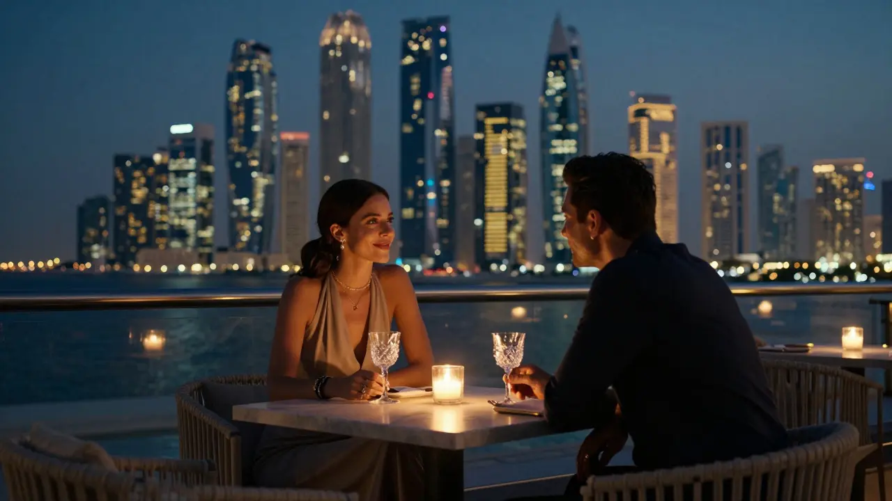 A couple enjoying a quiet moment at a rooftop bar in Dubai, city lights glowing behind them.