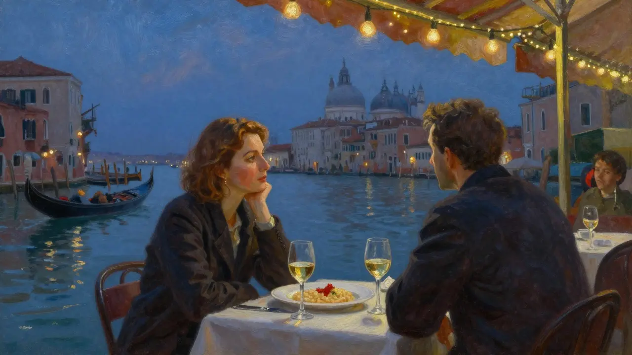 A couple shares a quiet dinner by the Navigli canal under string lights, the Duomo visible in the distance.