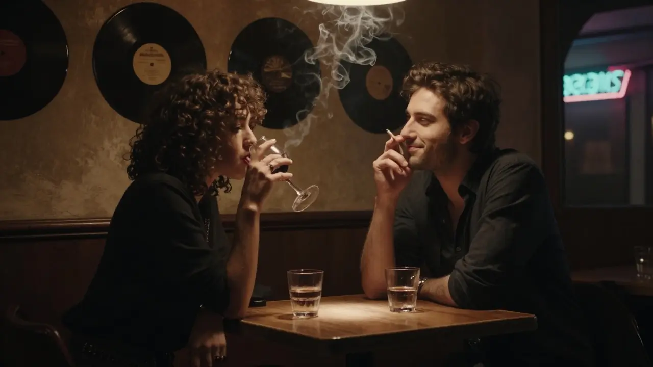 A couple shares quiet time in a hidden Paris jazz bar, soft lighting and vintage ambiance.