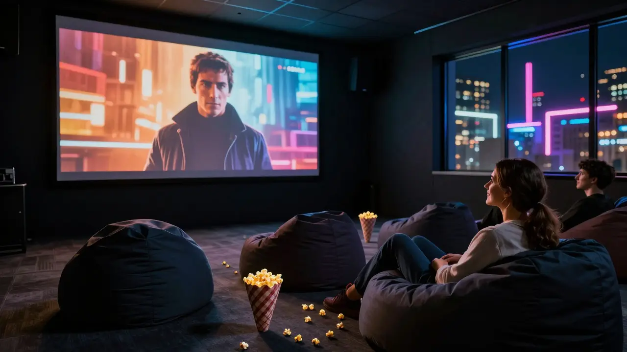 A dim cinema room with a large movie screen, people relaxed on bean bags, immersed in a film.