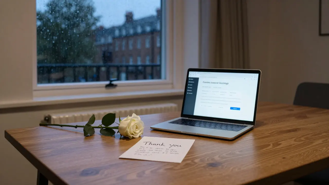 A handwritten note and white rose on a table, symbolizing quiet gratitude after a respectful escort encounter.