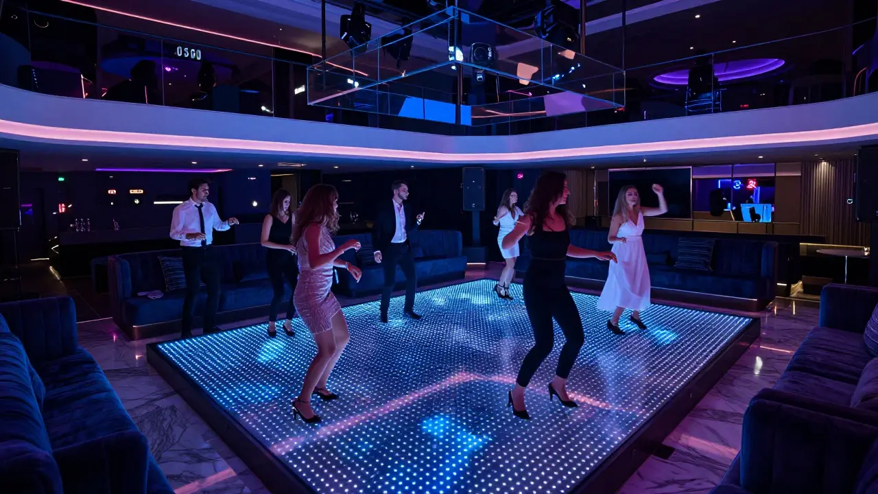 A high-end nightclub with dynamic LED lighting and a sophisticated crowd dancing elegantly on a polished floor.
