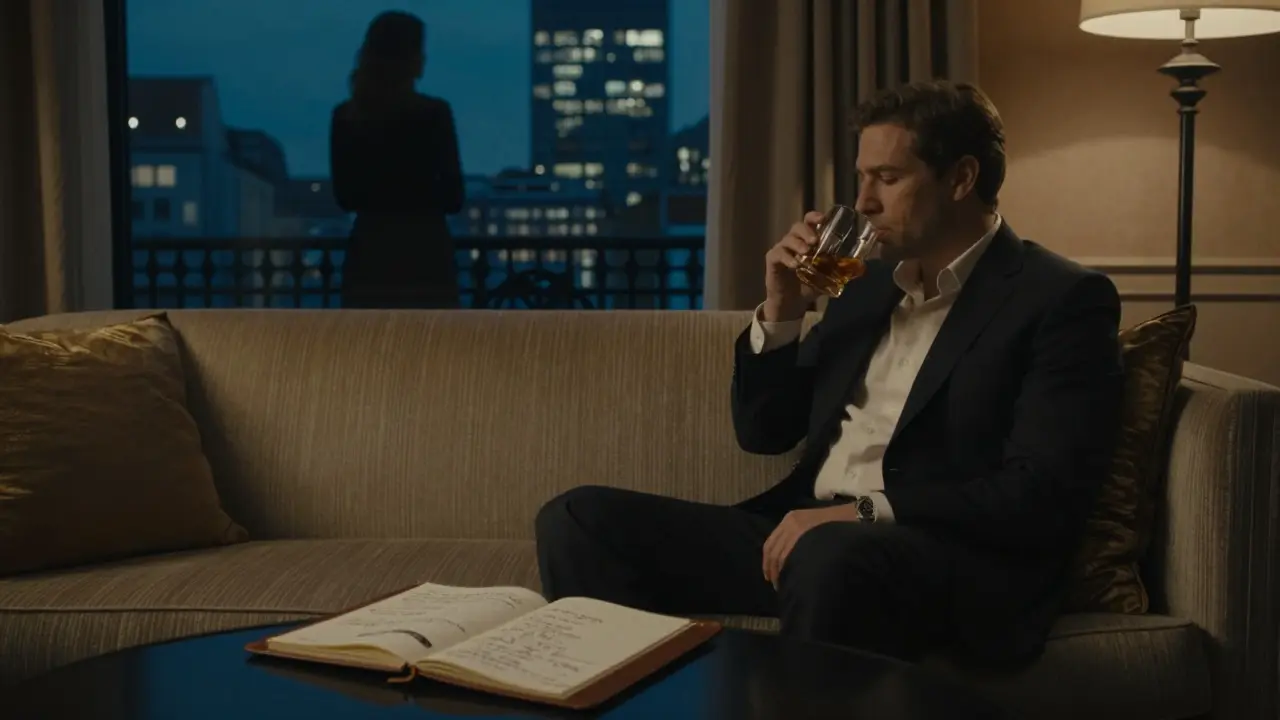 A luxury hotel suite at night with a man on a sofa and a woman by the window, anonymity emphasized, no faces shown.