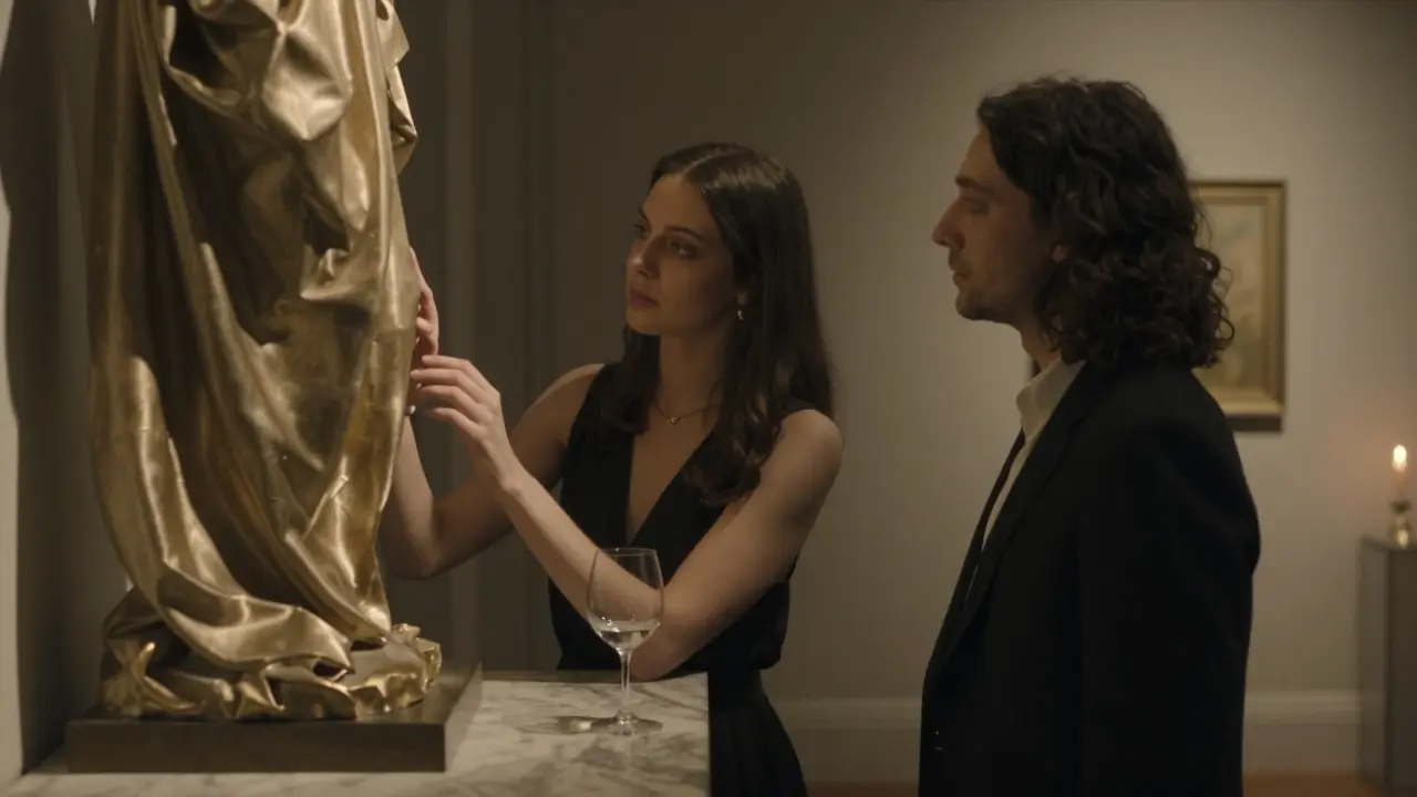 A man and woman share a silent, charged moment near a sculpture during a private art viewing, candlelight casting soft shadows.