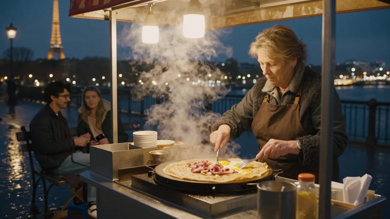 A midnight crepe stand by the Seine, serving food to locals as the Eiffel Tower glows behind.