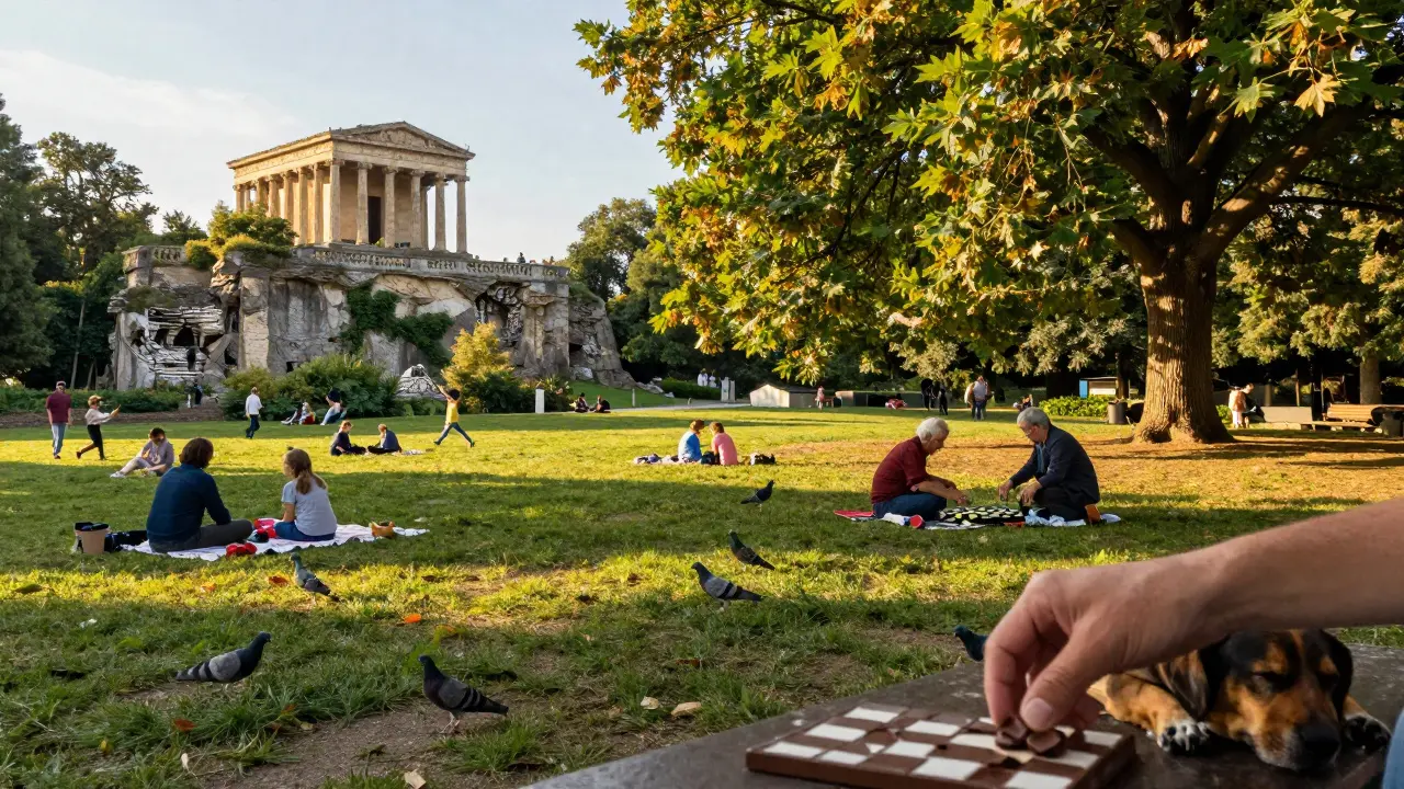A peaceful Sunday afternoon in Parc des Buttes-Chaumont with locals picnicking, playing chess, and pigeons flying near a historic temple.