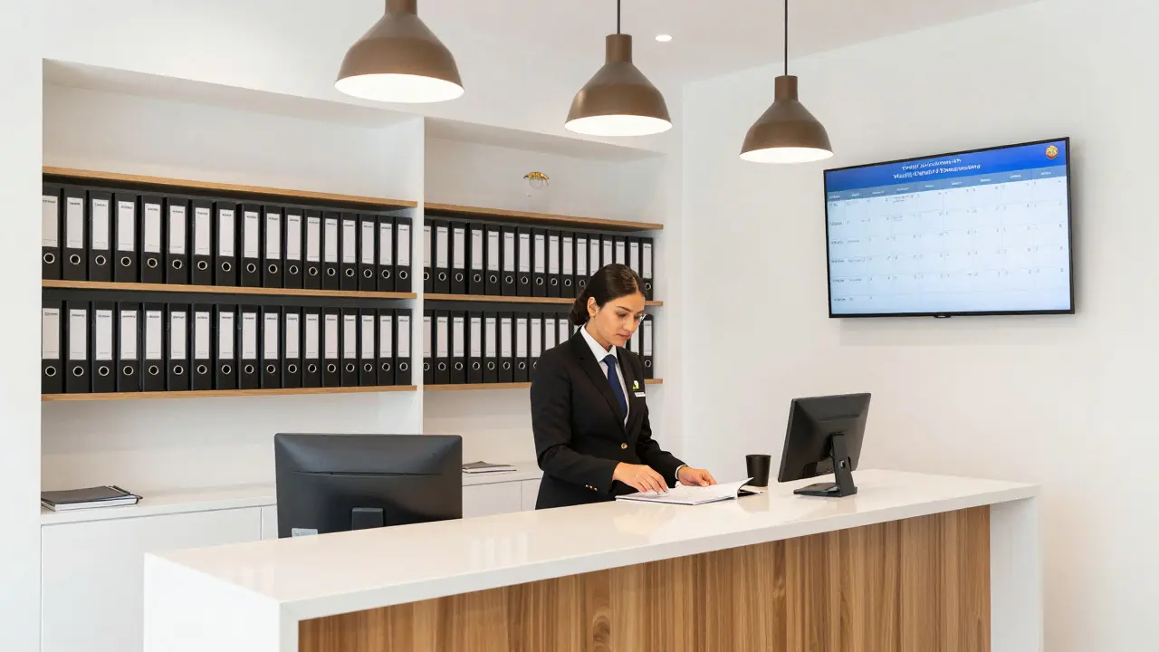 A professional concierge agency office in Dubai with clean decor and confidential client documents.