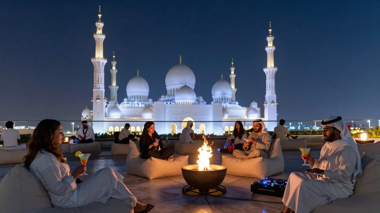 A quiet rooftop lounge with views of a glowing mosque at night, guests sipping cocktails under a starry desert sky.