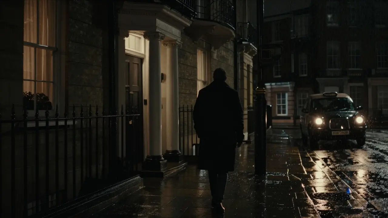 A rainy London street at night, a lone figure walking away from a discreet townhouse entrance, mood dark and contemplative.