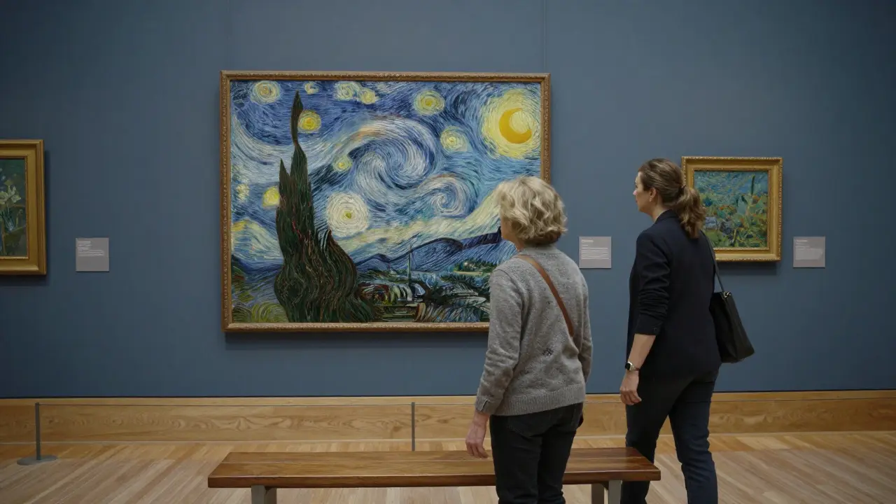 A retired woman and companion pause before a Van Gogh painting in an empty museum gallery.