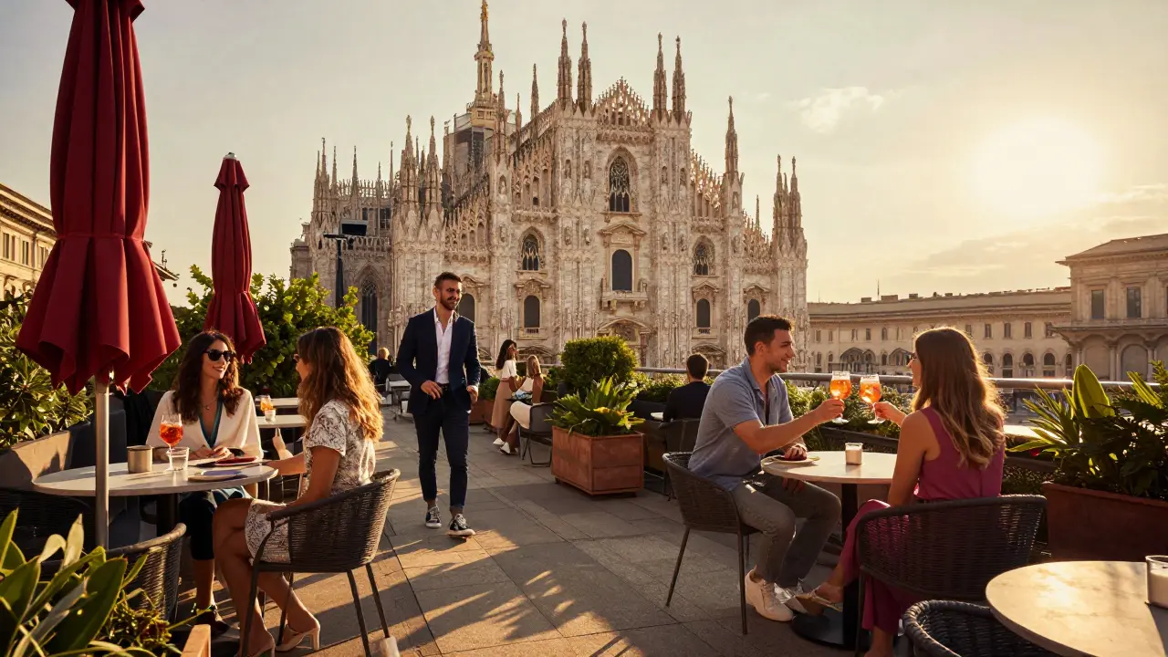 A rooftop terrace at sunset with people sipping Aperol Spritz and overlooking Milan&#039;s skyline.