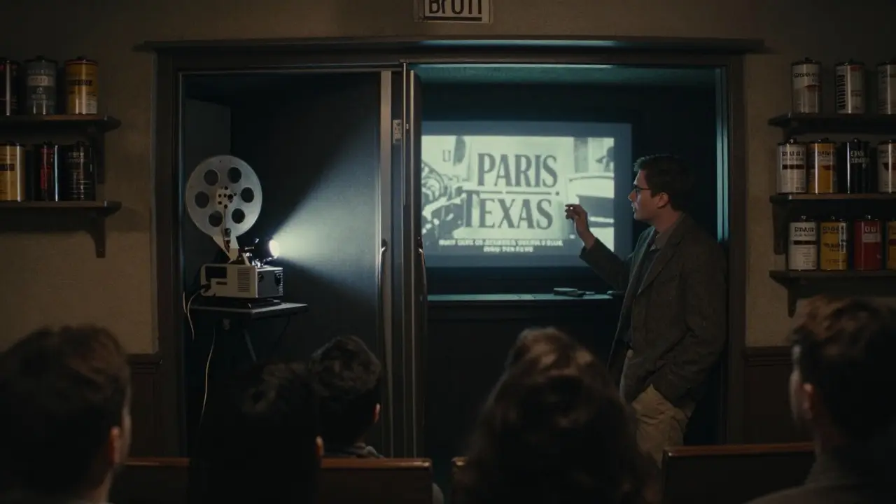 A secret film screening room hidden behind a fridge, with a projector casting light on a small, attentive audience.