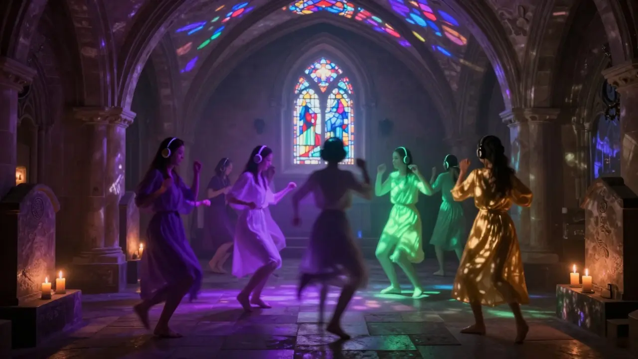 A silent disco in a candlelit church crypt, people dancing in different colored lights under stained-glass projections.