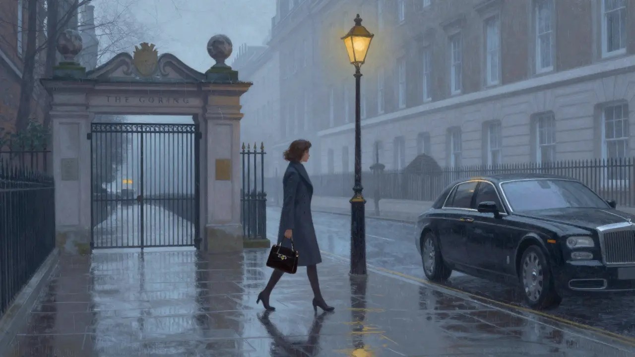 A woman walks alone through a rainy London street at dawn, shadow long behind her, city asleep.