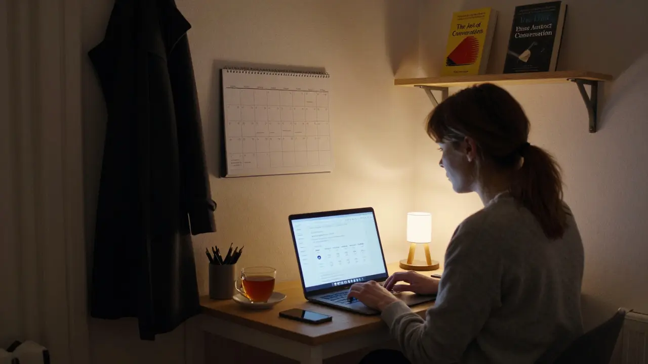 A woman working on her laptop in a cozy Berlin apartment, OnlyFans dashboard visible on screen.