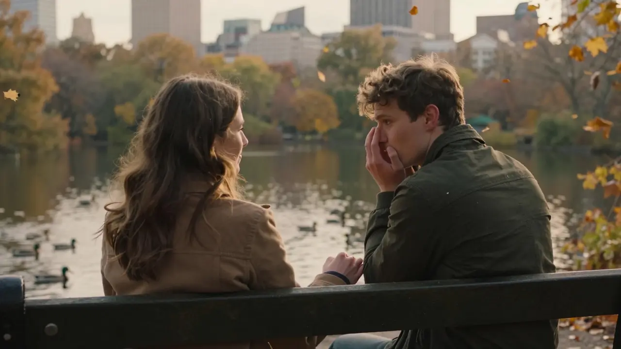 A young man and woman hold hands on a park bench in Hyde Park at sunset, watching ducks.