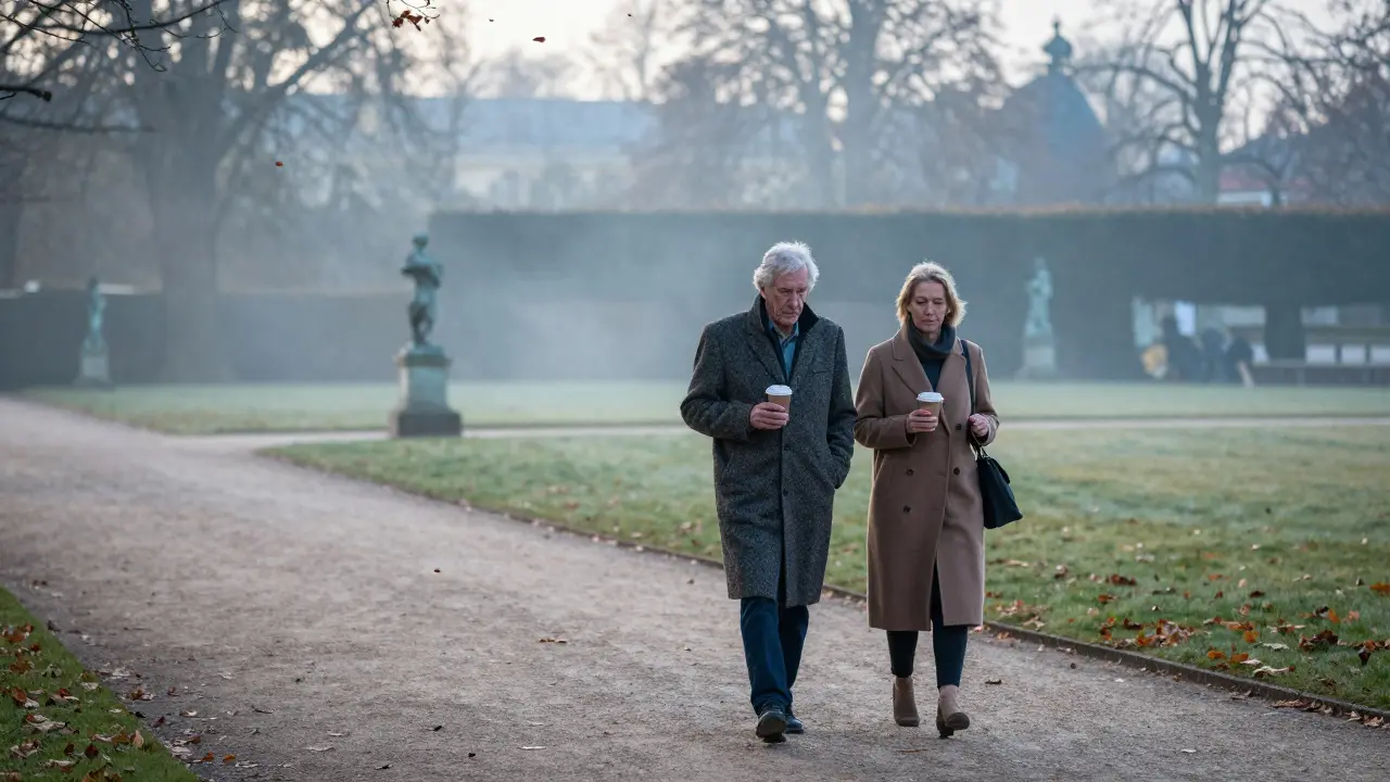 An elderly man and woman walking peacefully through Luxembourg Gardens at dawn, leaves falling around them.