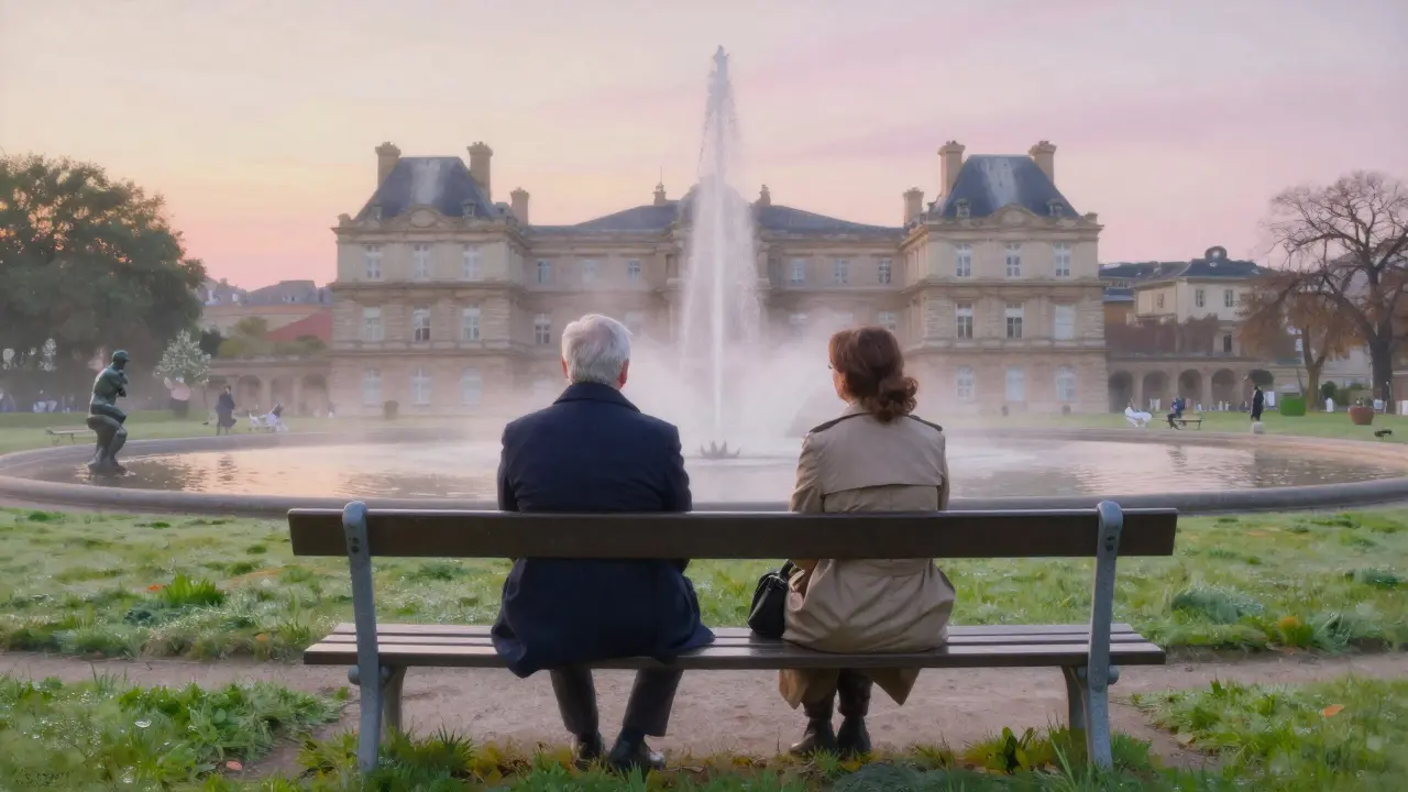 An elderly man and woman watch sunrise over Luxembourg Gardens, peaceful and contemplative.