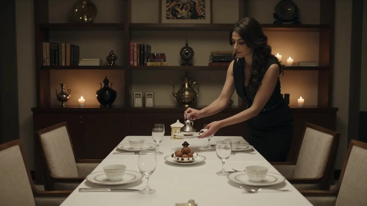 An elegant woman serving Arabic coffee in a luxurious private dining room with art books and candlelight.